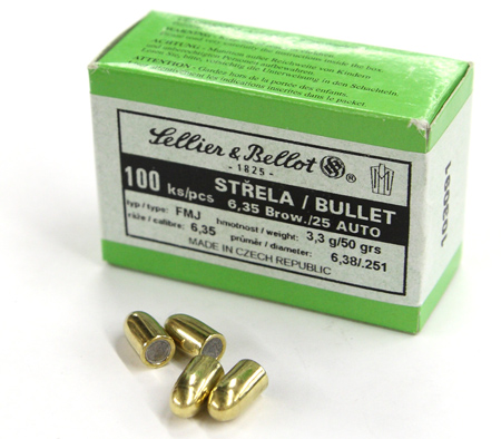 Sellier&Bellot FMJ 6,35 mm/.25 Auto 3,3 g/50 gr 100 kpl